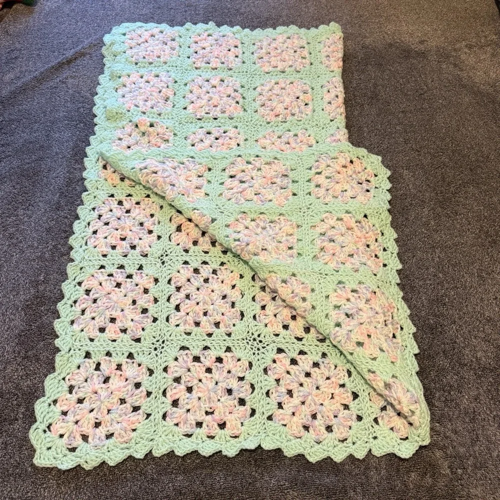 Handmade‎ Crochet Baby Afghan Blanket. 32x32 Mint Green Pink